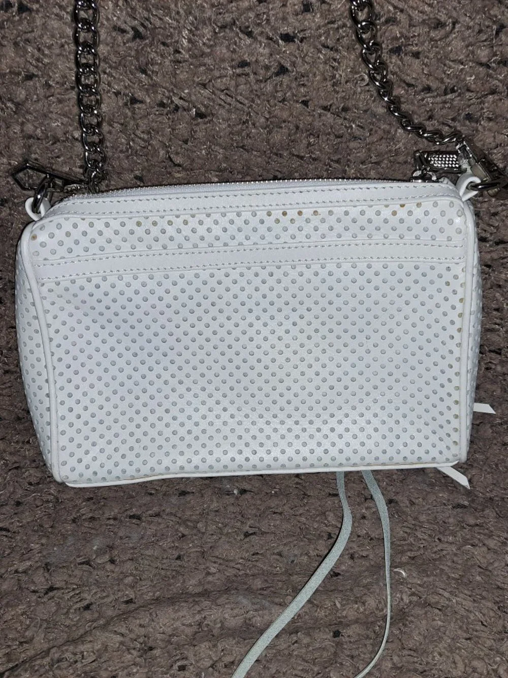 REBECCA MINKOFF-Blythe Crossbody-White Perforated Leather-Fringe Zips-Near Mint